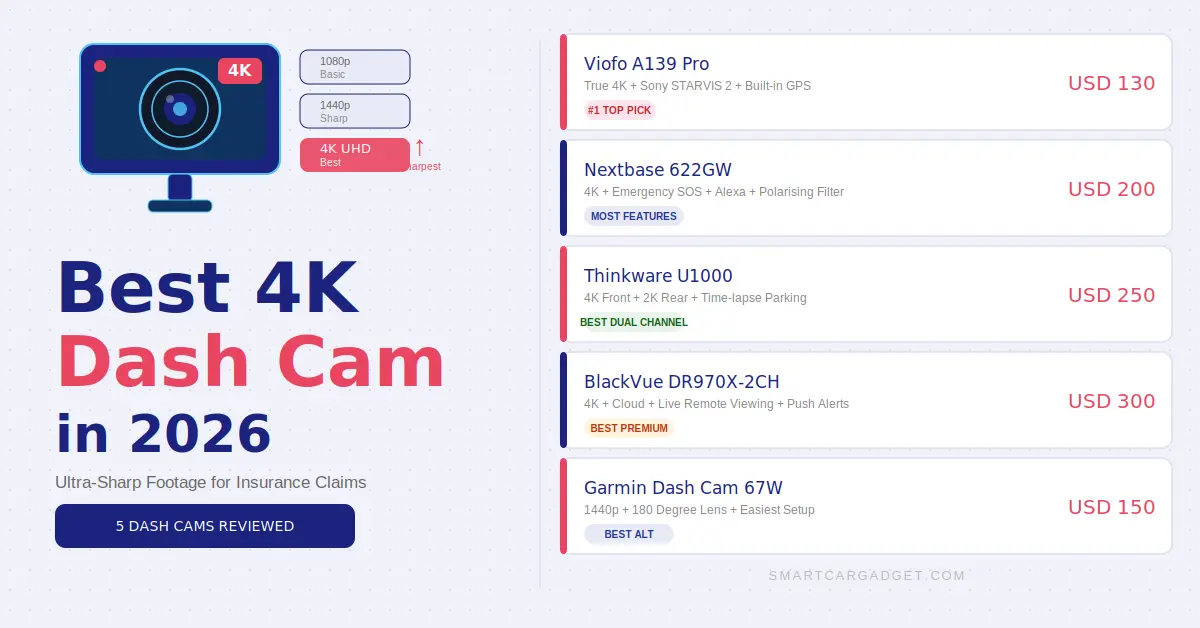 5 best 4K dash cams in 2026 including Viofo A139 Pro Nextbase 622GW Thinkware U1000 BlackVue DR970X and Garmin 67W