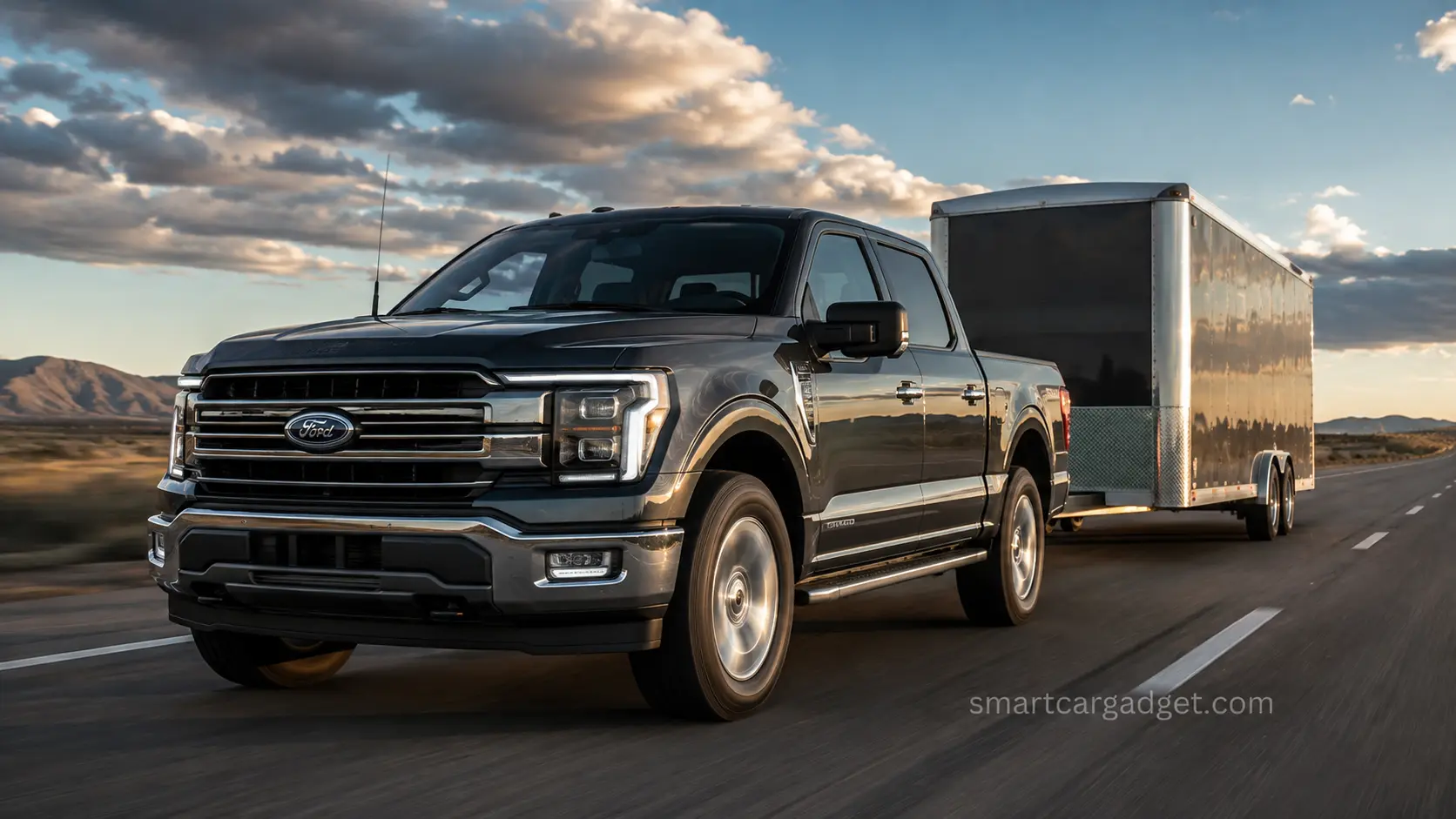 2026 Ford F-150 Lariat in dark metallic gray towing an enclosed trailer on an American highway