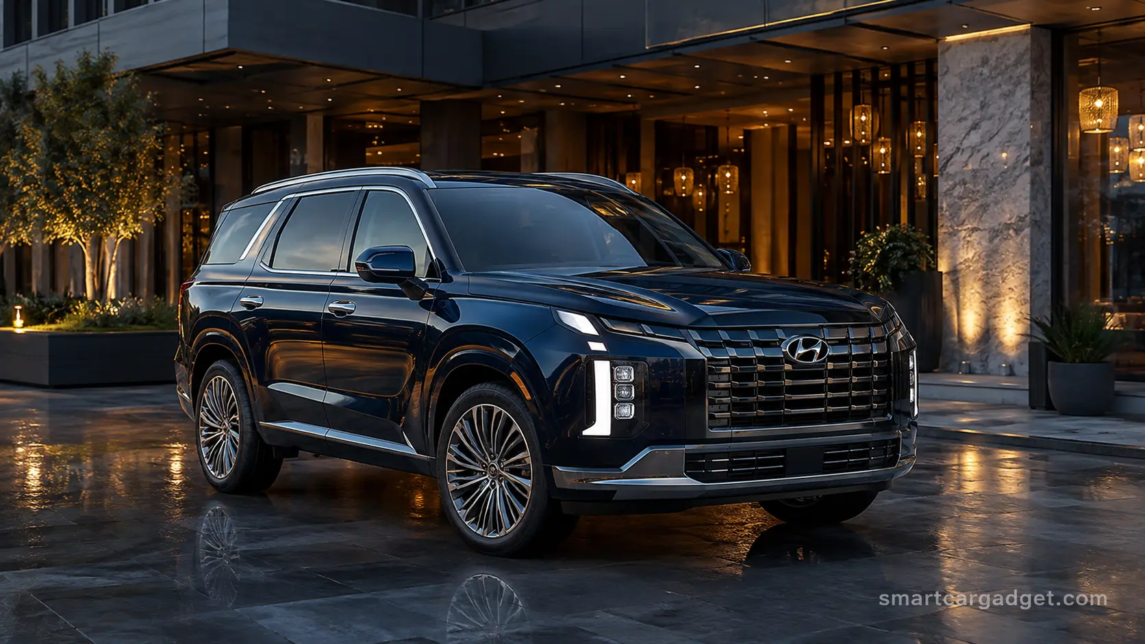 2026 Hyundai Palisade Hybrid Calligraphy dark blue SUV outside a luxury hotel