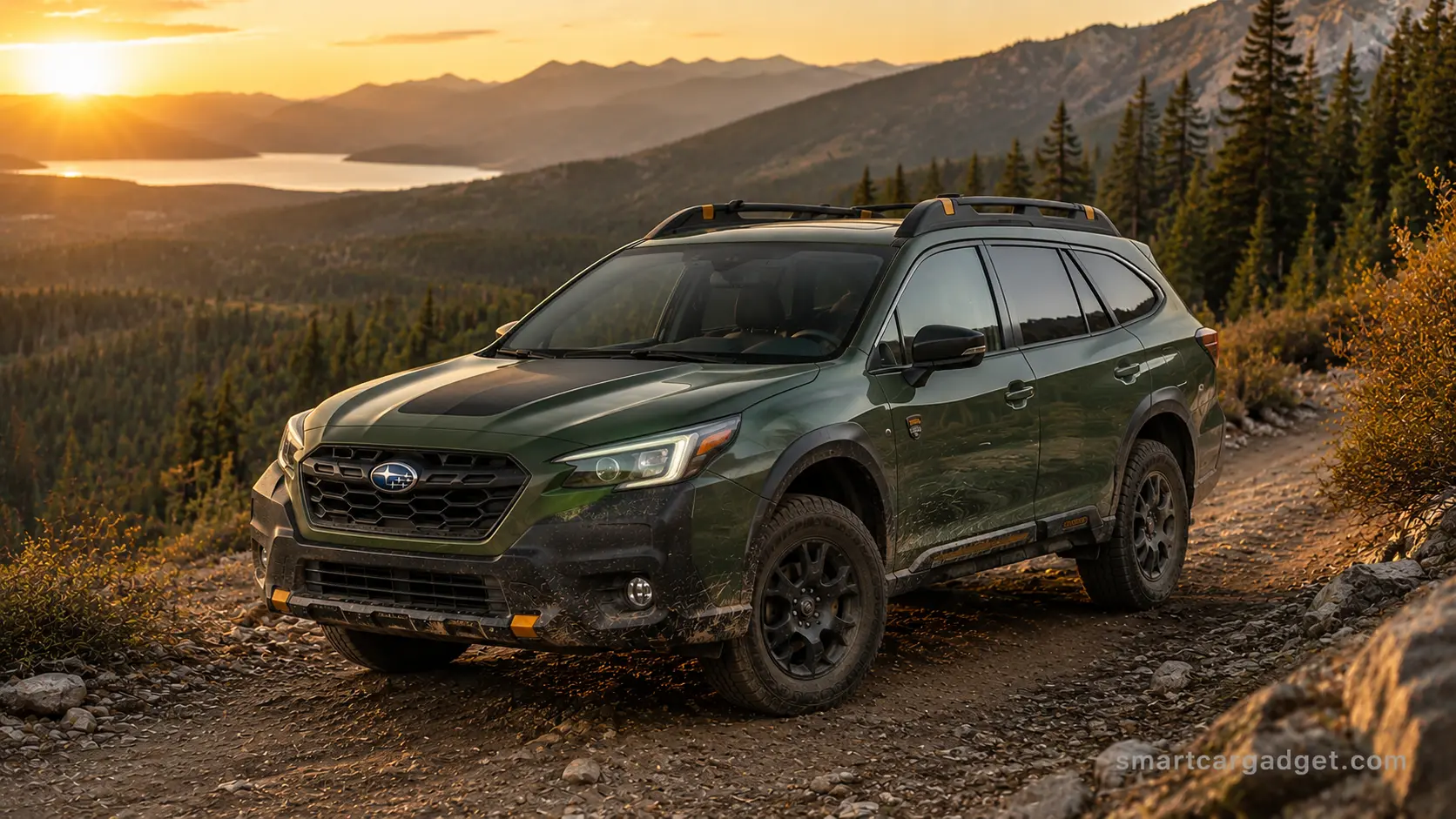 2026 Subaru Outback Wilderness dark green SUV on a rugged mountain trail overlooking a forest valley