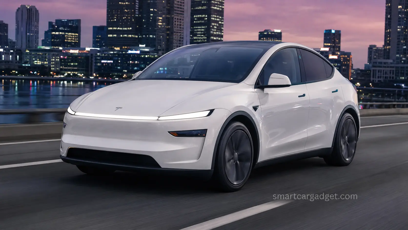 2026 Tesla Model Y electric SUV in pearl white driving through a modern city at dusk