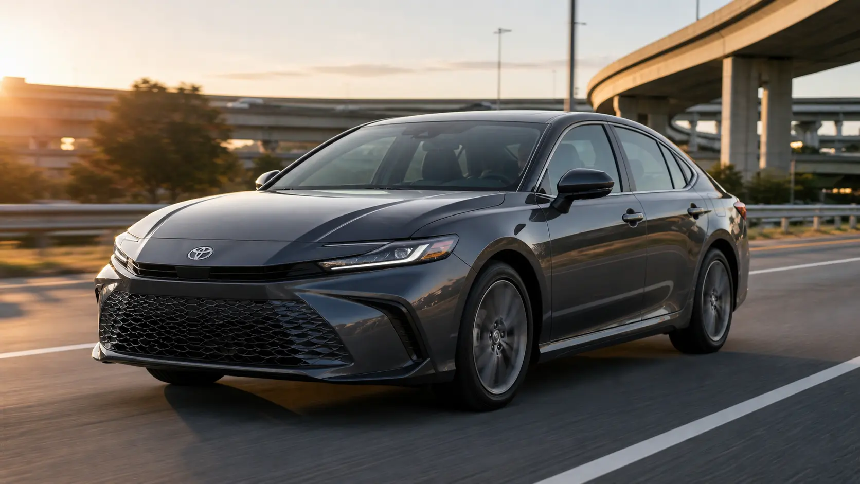 2026 Toyota Camry Hybrid front three-quarter view on highway