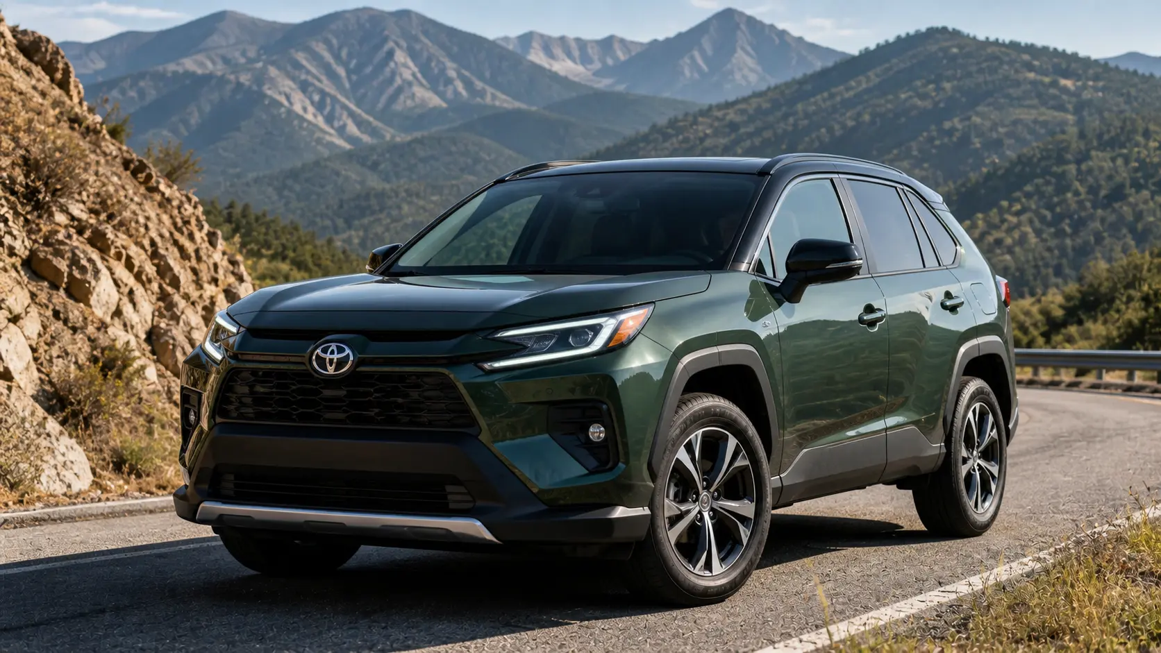 2026 Toyota RAV4 Hybrid front three-quarter view near mountains